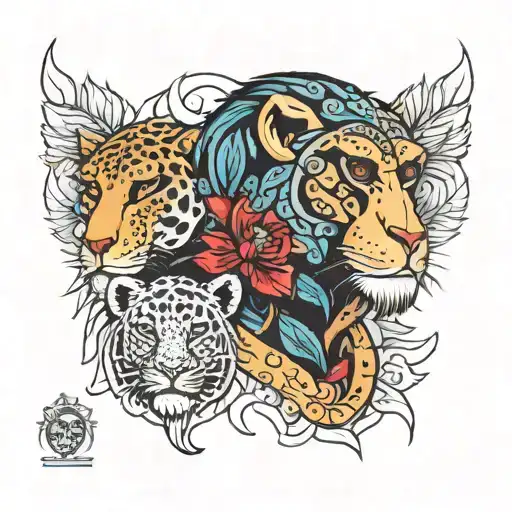 A chimpanzee with a jaguar and a woodpecker tattoo design idea