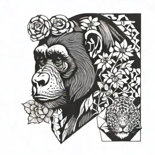A chimpanzee with a jaguar and a turpial bird with flowers tattoo design idea