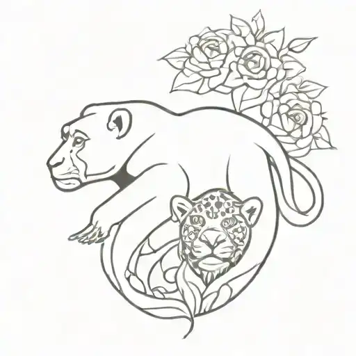 A chimpanzee with a jaguar and a turpial bird with flowers tattoo design idea
