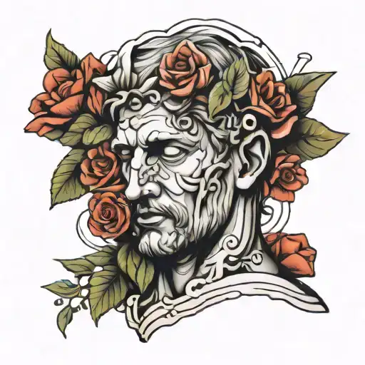 broken Roman bust with flowers and plants growing out of it tattoo design idea