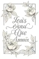 peony flower and one oak leaf on top, below that a small symbol and below that cursive text that says je sais que l'amou tattoo design idea