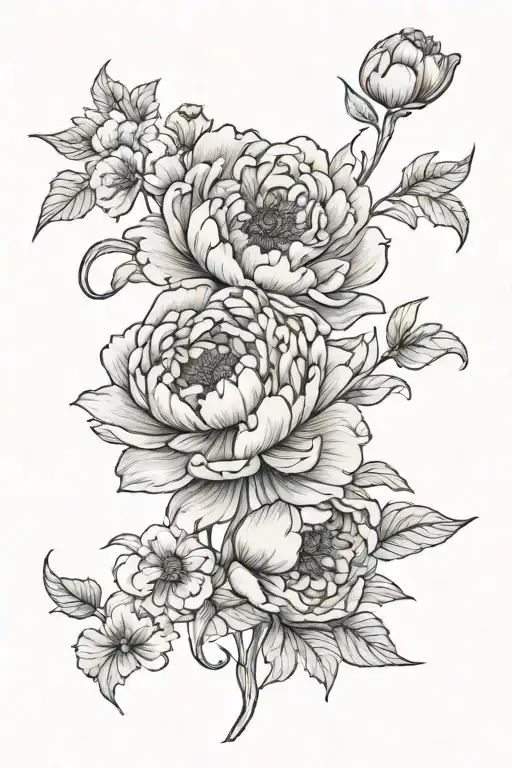 peony with vines and poppies blooming tattoo design idea