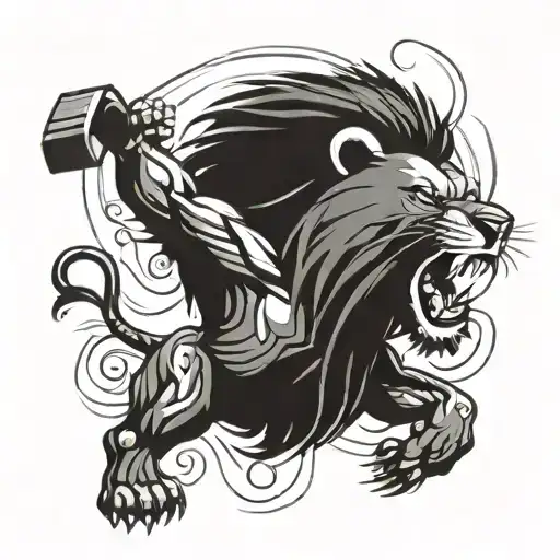 A stylized blackwork tattoo of a roaring lion lifting a dumbbell, symbolizing strength and power tattoo design idea
