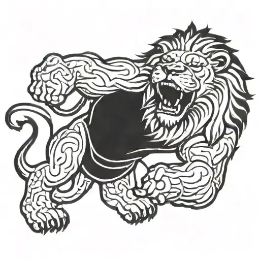 A stylized blackwork tattoo of a roaring lion lifting a dumbbell, symbolizing strength and power tattoo design idea