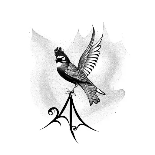 Fantail birds, art deco style,  tattoo sparse background , black and white tattoo design idea