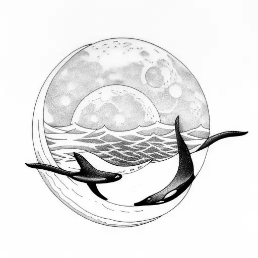 orca swimming in front of the moon, the moon turns into sea waves at the edge tattoo design idea