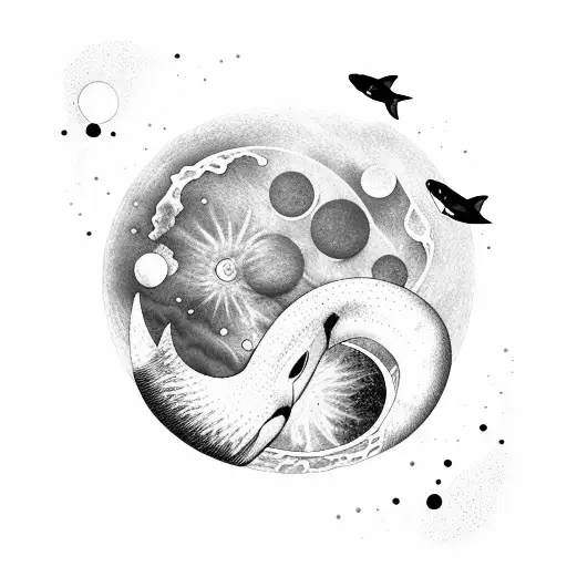 orca swimming in front of the moon, the moon turns into sea waves at the edge tattoo design idea