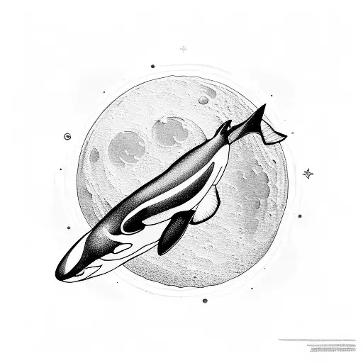 orca in front of the cresent moon, the moon turns into sea waves at the edge tattoo design idea