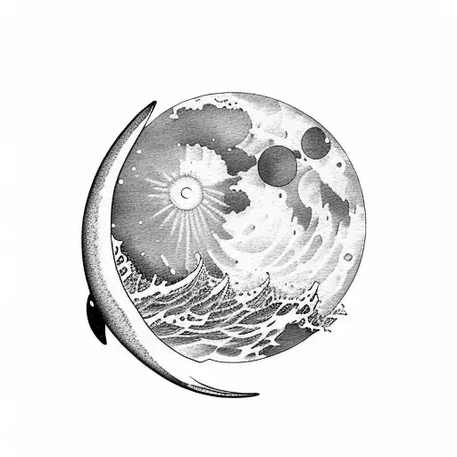 orca in front of the cresent moon, the moon turns into sea waves at the edge tattoo design idea