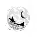 orca swimming in front of the moon, the moon turns into sea waves at the edge tattoo design idea
