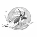 orca swimming in front of the moon, the moon turns into sea waves at the edge tattoo design idea