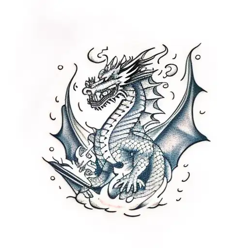 dragon breathing fire in a cave tattoo design idea