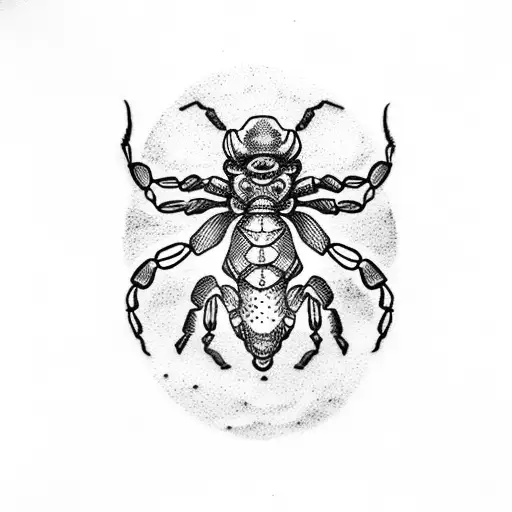 A dotwork tattoo of a scorpion surrounded by Midwest cornfields and a full moon tattoo design idea