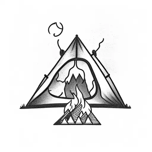 A detailed black and grey tattoo of a campfire surrounded by serene mountains and a tent, symbolizing your passion for camping and traveling. tattoo design idea