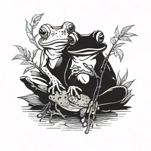 two frogs sitting on a log smoking weed tattoo design idea