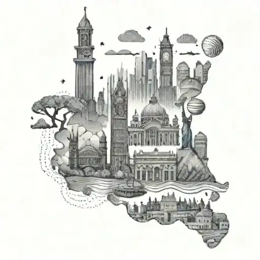A dotwork tattoo of iconic landmarks from France, Spain, and Canada arranged in a travel-themed sleeve tattoo design idea