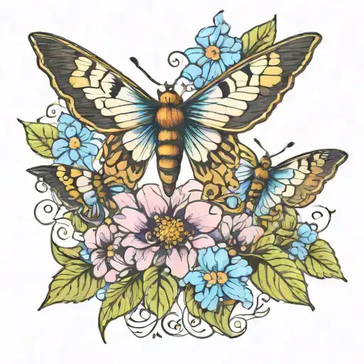moth and forget-me-not tattoo design idea