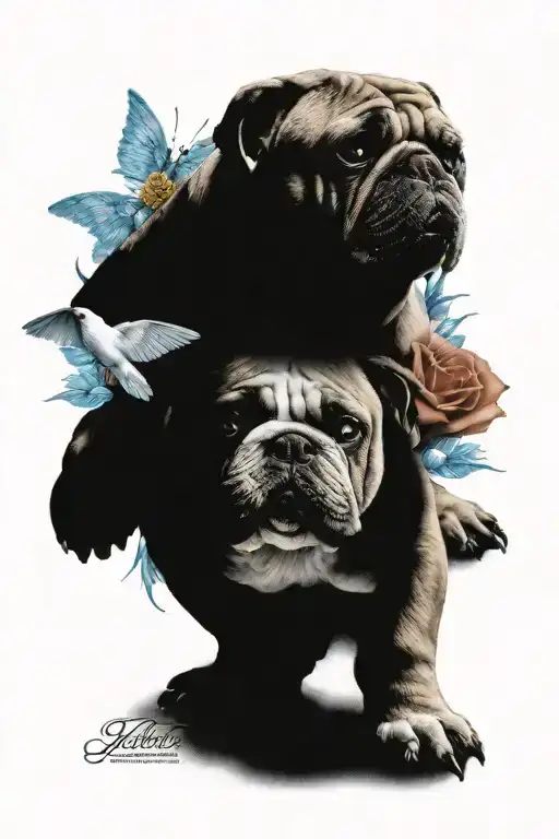  xl bulldog with bright blue eyes with a rose with a dove flying tattoo design idea