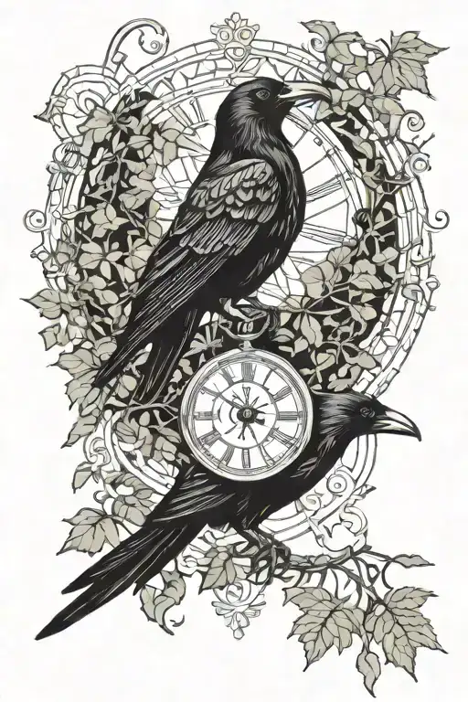 crow carrying a clock covered with ivy tattoo design idea