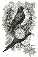 crow carrying a clock covered with ivy tattoo design idea