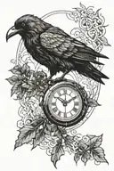 crow carrying a clock covered with ivy tattoo design idea