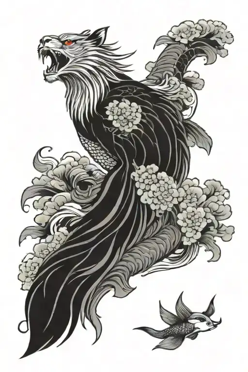 Koi fish, Japaneses crane and a lion face tattoo design idea