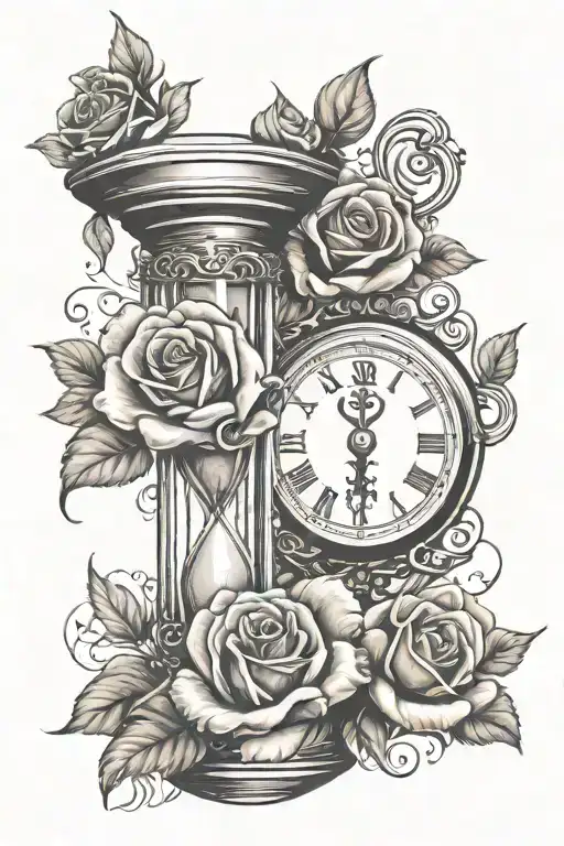 Cross with roses and a clock breaking into a hour glass with sand turning tattoo design idea