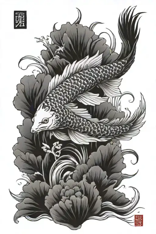 Koi fish, Japaneses crane and a lion tattoo design idea
