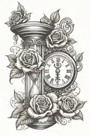Cross with roses and a clock breaking into a hour glass with sand turning tattoo design idea