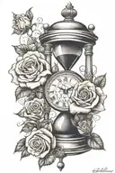 Cross with roses and a clock breaking into a hour glass with sand turning tattoo design idea
