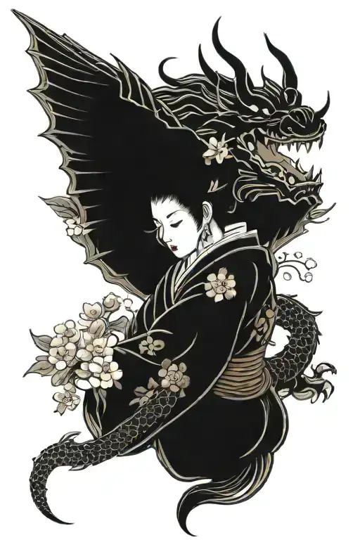 geisha dragon sakura blossom tattoo design idea