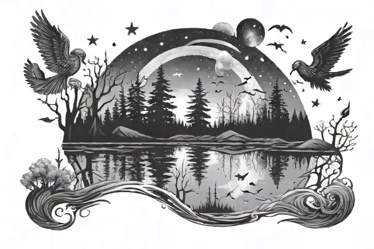 reflective water, night sky full of starts, forest background, angel in the distance, tattoo design idea