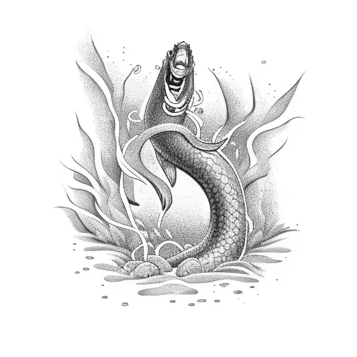 A cartoon eel swimming through a stream in a hedge maze tattoo design idea