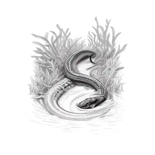 A realistic eel swimming through a  stream in a hedge maze tattoo design idea