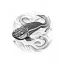 A cartoon eel swimming through a stream in a hedge maze tattoo design idea