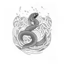 A cartoon eel swimming through a stream in a hedge maze tattoo design idea
