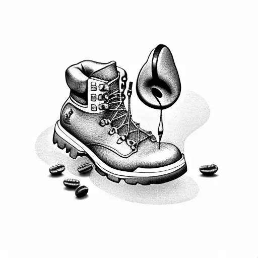 A hiking boot stepping on a coffee bean with musical notes trailing behind tattoo design idea