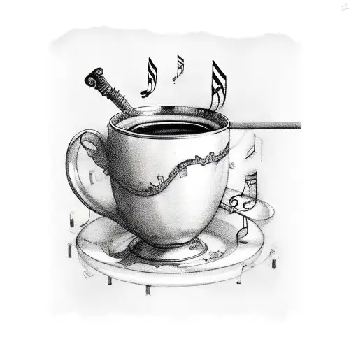 A coffee mug with a musical staff wrapped around it tattoo design idea