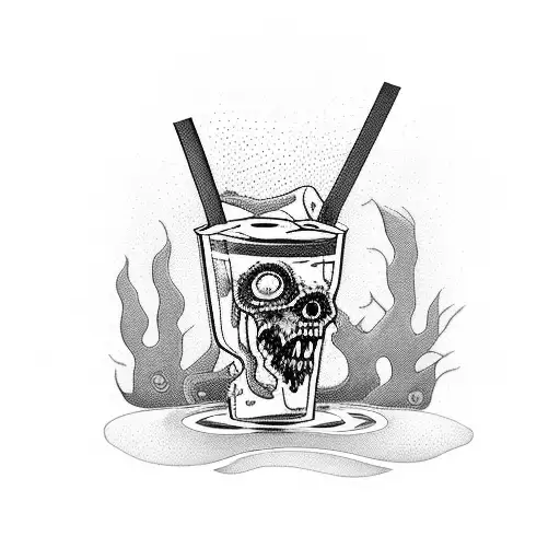 A glass of alcoholic beverage with animated zombie creatures swimming inside tattoo design idea