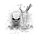 A glass of alcoholic beverage with animated zombie creatures swimming inside tattoo design idea