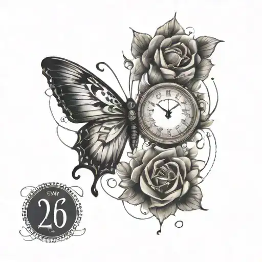 A heartbeat line intertwined with a clock face showing the date 06/05/1956-09/23/2023 with butterfly flying away tattoo design idea