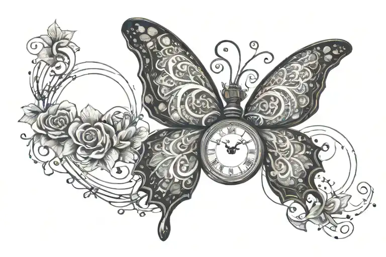 A heartbeat line intertwined with a clock face showing the date 06/05/1956-09/23/2023 with butterfly flying away tattoo design idea