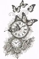 A heartbeat line intertwined with a clock face showing the date 06/05/1956-09/23/2023 with butterfly flying away tattoo design idea