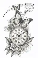 A heartbeat line intertwined with a clock face showing the date 06/05/1956-09/23/2023 with butterfly flying away tattoo design idea