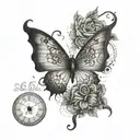 A heartbeat line intertwined with a clock face showing the date 06/05/1956-09/23/2023 with butterfly flying away tattoo design idea