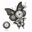 A heartbeat line intertwined with a clock face showing the date 06/05/1956-09/23/2023 with butterfly flying away tattoo design idea