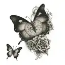 A heartbeat line intertwined with a clock face showing the date 06/05/1956-09/23/2023 with butterfly flying away tattoo design idea