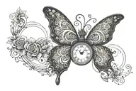 A heartbeat line intertwined with a clock face showing the date 06/05/1956-09/23/2023 with butterfly flying away tattoo design idea