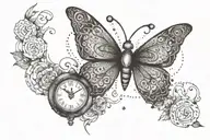 A heartbeat line intertwined with a clock face showing the date 06/05/1956-09/23/2023 with butterfly flying away tattoo design idea