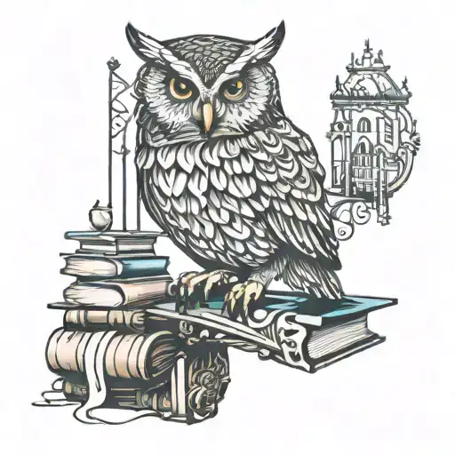 owl sitting on a bridge that is made of books tattoo design idea